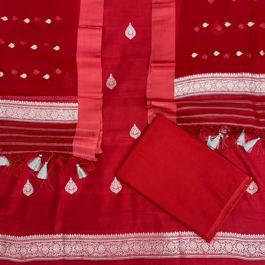 Pure handloom kadwa 3 Red suit set satain border