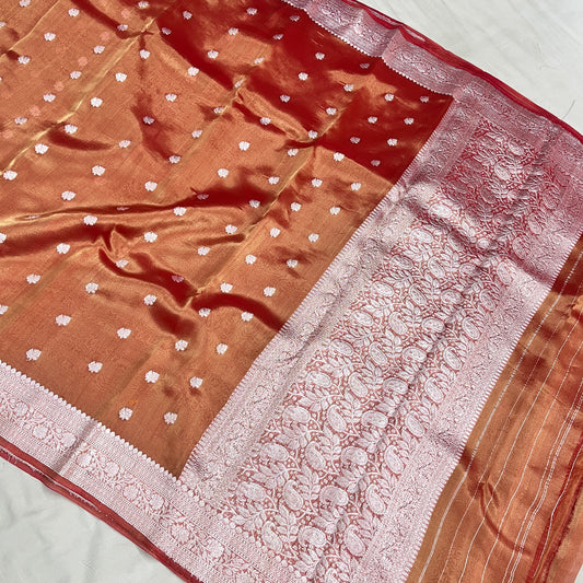 Pure Tissue handloom kadwa border booti saree silver zari