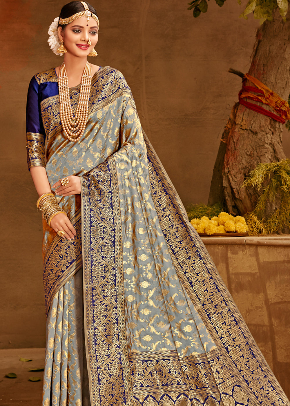 Ash Grey Woven Banarasi Silk Saree