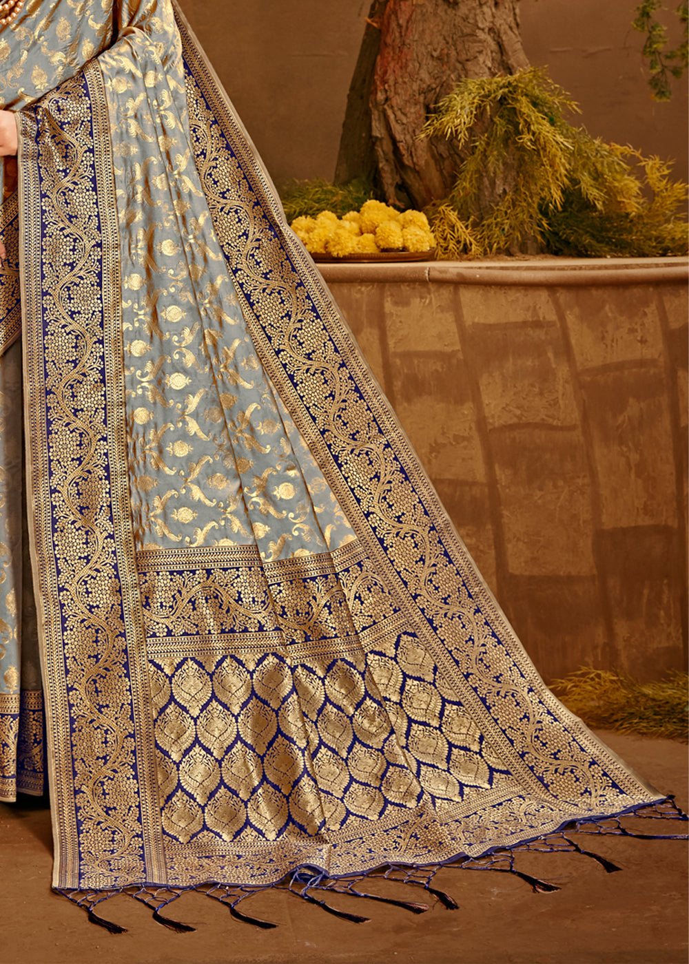 Ash Grey Woven Banarasi Silk Saree